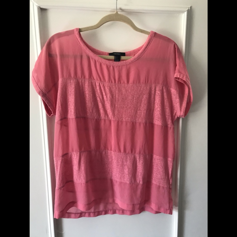 Forever 21 Barbie Pink Sheer/Solid Panel Short Sleeve Tee - Picture 15 of 15
